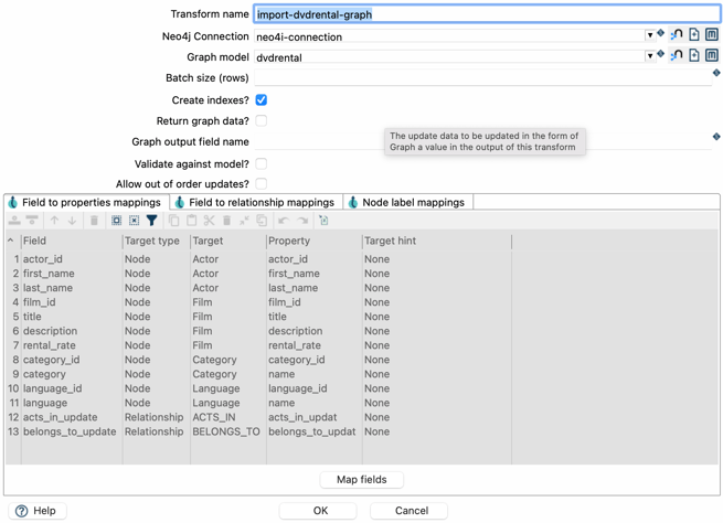 Neo4j Graph Output transform - Fields to properties mappings tab